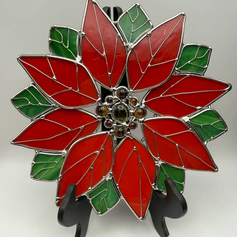 Stained Glass, Red/Green, Poinsettia Suncatcher, 9” diameter, 11.5” drop