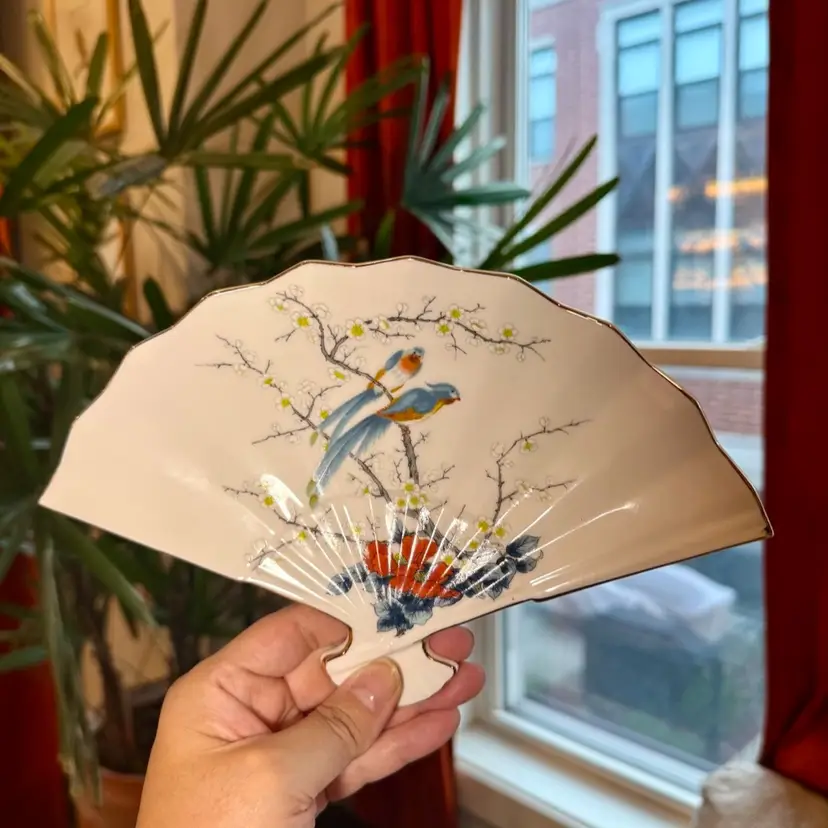 Vintage 9.5” Jay Fine China fan-shaped trinket dish hand-painted floral & bird motif w/gold trim