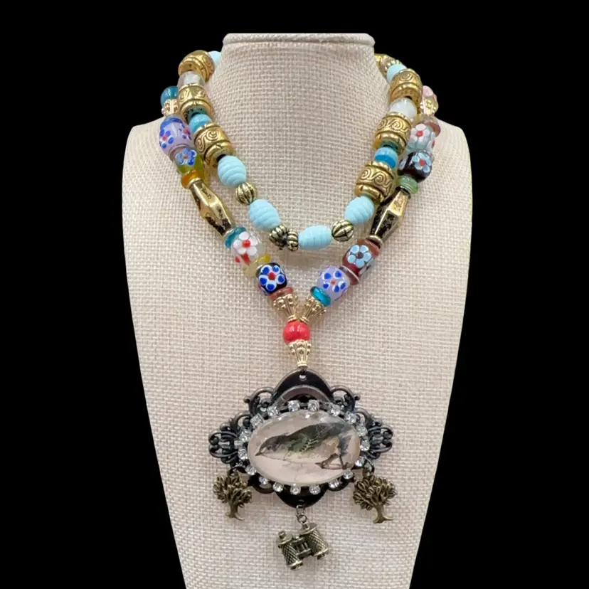 One Of A Kind Handmade Repurposed Chunky Birdwatching Necklace Very Adorable And Colorful.