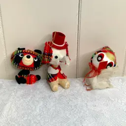Vintage Made In Japan Flocked Animal Ornaments Christmas Plaid- Lot Of 3