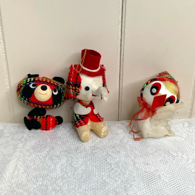 Vintage Made In Japan Flocked Animal Ornaments Christmas Plaid- Lot Of 3