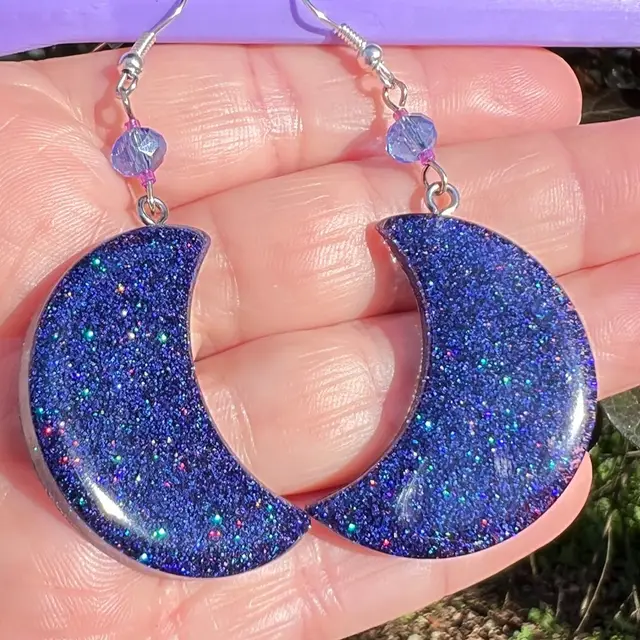 Crescent 🌙  Moon and Crystal Dangle Earrings. Silver Tone Hooks. Handmade By Me! 🫶 Made With Resin and Glitter. 2-3/4” Length.