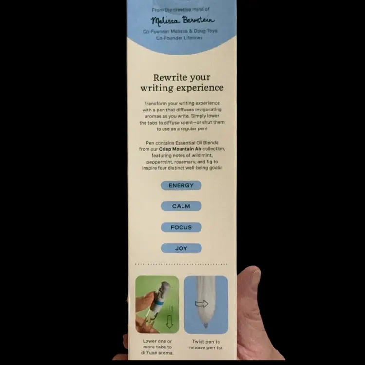 NEW In Box Lifelines Pen Diffuser In Crisp Mountain Air Scent! Combines Functionality Of A Ballpoint Pen With Aromatherapy. It Diffuses Essential Oil Blend As You Write! Scent Can Be Selected By Lowering A Tab On Pen. . Package Includes The Pen & Oil Cartridge & One Ink Refill.?
