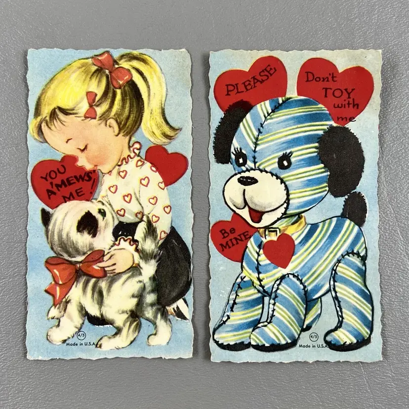 Lot Of 2 Vintage Valentine Greeting Cards Girl Cat Bows Heart Patchwork Dog USA
