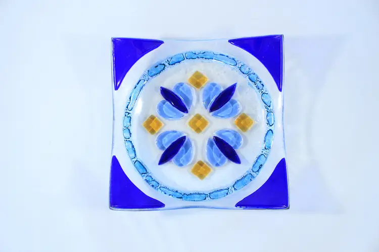 Cobalt Blue Diamond & Spade Fused Glass Art Trinket Dish