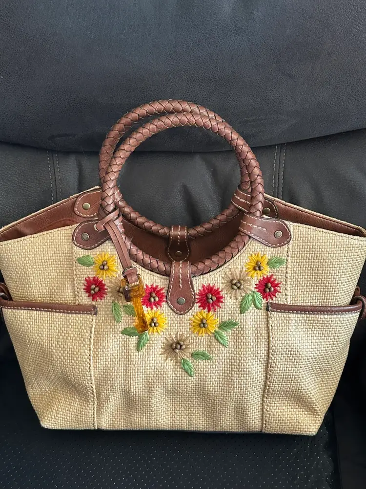 Fossil New Oasis Ring Satchel Floral Straw Crossbody Bag Purse Floral Embroidery