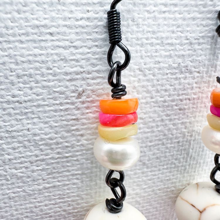 Skull Handmade Earrings Orange Pink Yellow Pearl Bead Accents 2"L