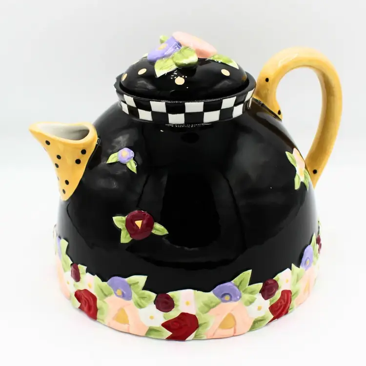 Vintage Mary Engelbreit Ceramic Teapot Black Cottage Rose Country Garden Checker