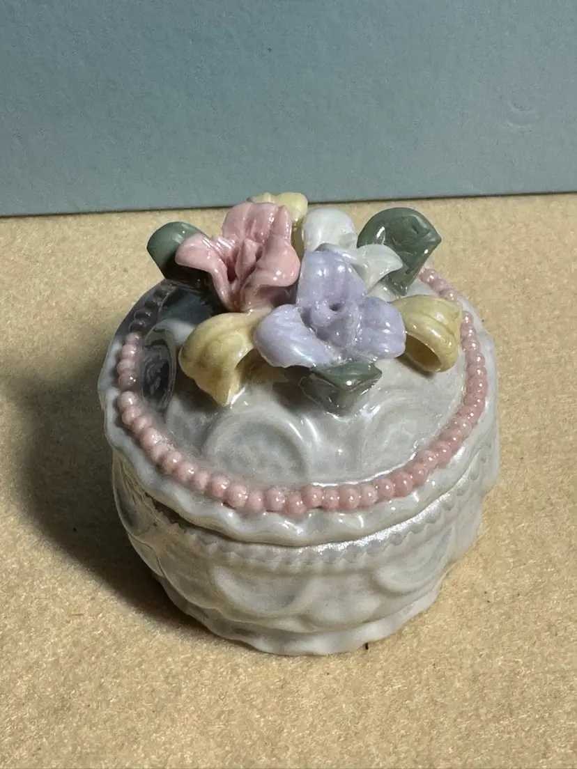 Vintage Porcelain Round Trinket Dish With Florals