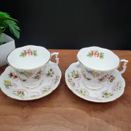 Set of 2 Vintage Royal Albert Canadian OUR EMBLEMS DEAR Flag & Florals Tea Cup and Saucer