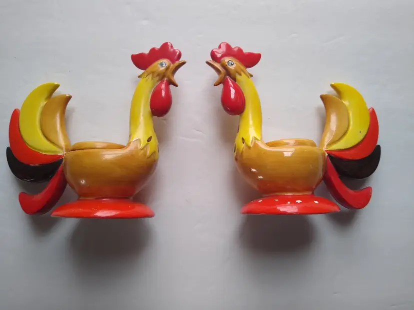 Vintage Holt Howard Ceramic Rooster Candle Holder Kitsch Retro Set 1960s DAMAGED