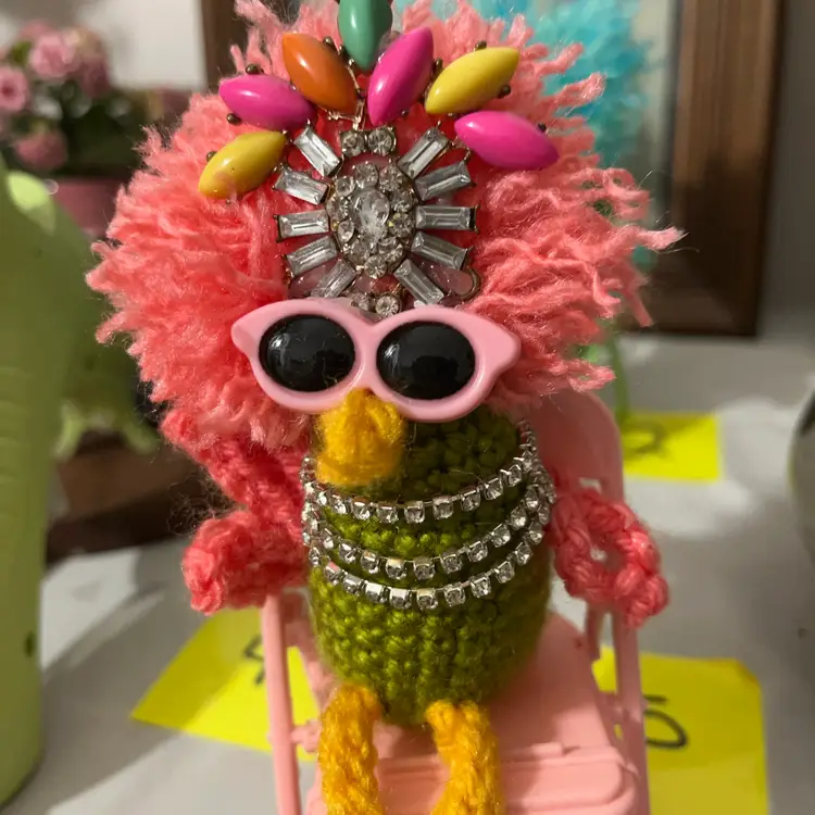 Glam Chick Green Body Rhinestone With Yellow Pink Green And Orange Head Piece Pink Shoes. GLOWS!!!