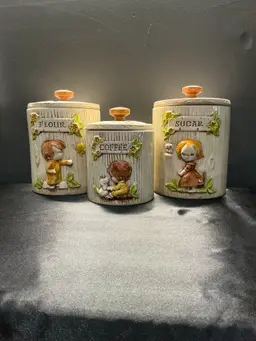 Vintage 1970s Ceramic Canister Set Flour Sugar Coffee – Boy & Girl Raised Relief