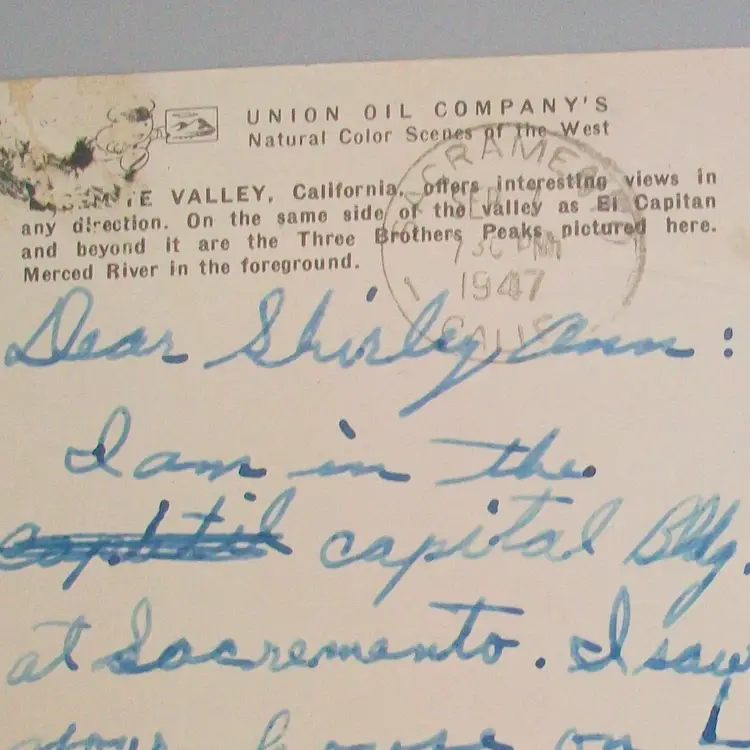 Yosemite Valley Merced River 3 Brothers Color RPPC Postcard c1947 Union Oil Co Posted