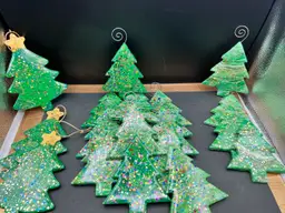 #01 - 01 Buyers Choice 5” X 4” Wooden Christmas Tree Ornament, Acrylic Pour Painted and Resin Sealed Handmade By Me. The Glitter in the Resin Looks Like Lights. No Two Are Alike