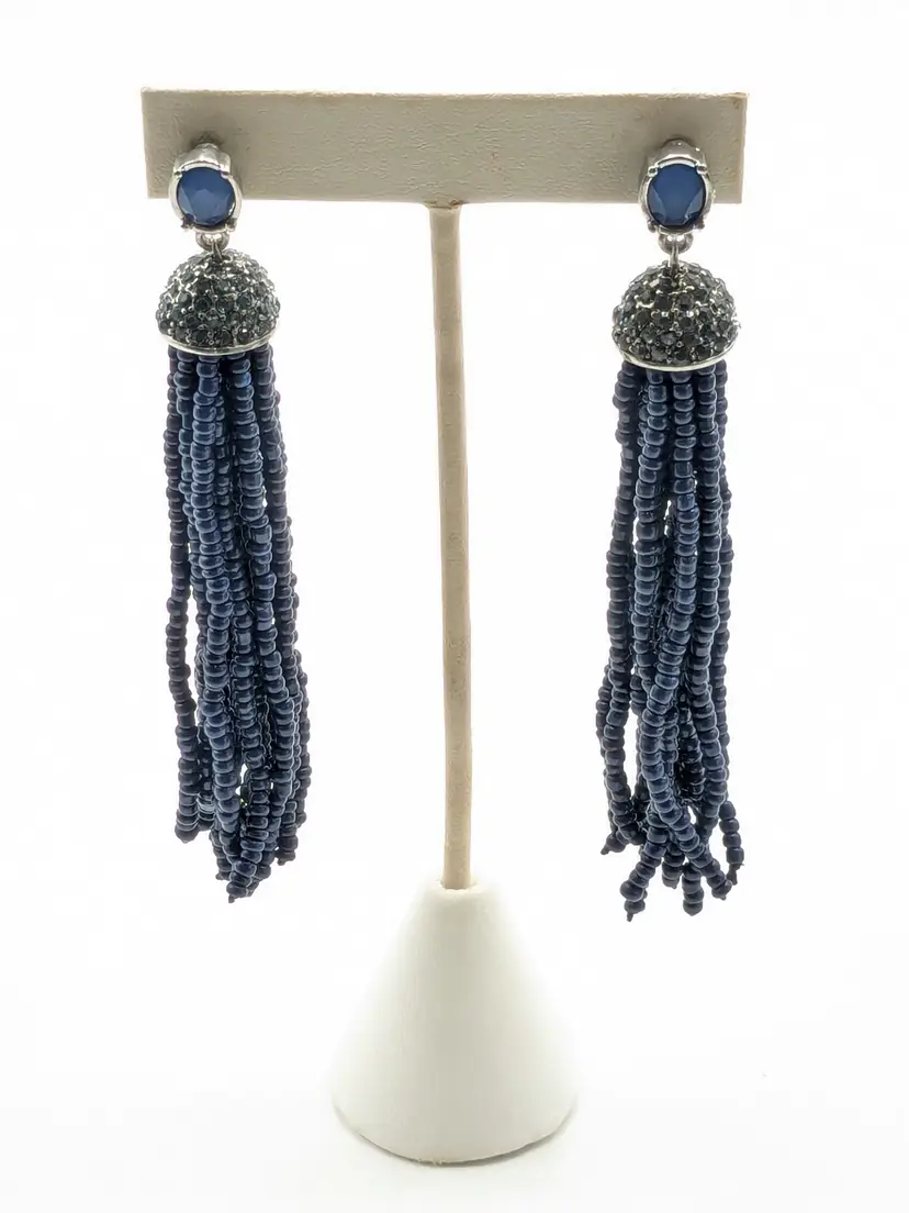 Silver Tone Blue Beaded Tassel Earrings with Rhinestone Accents