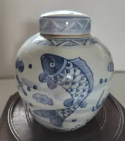 Chinese Blue And White Porcelain Ginger Jar w/Lid In A Koi Fish Motif