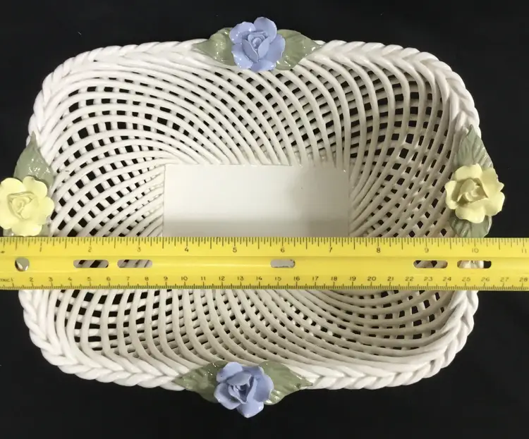 Ceramic lattice basket blue yellow flowers, Capodimonte?? 10.5" x 8.5" x 5"