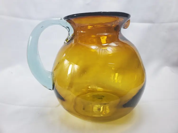 Vintage Hand Blown Amber Glass Pitcher W/ Aqua Blue Handle 6 3/4"