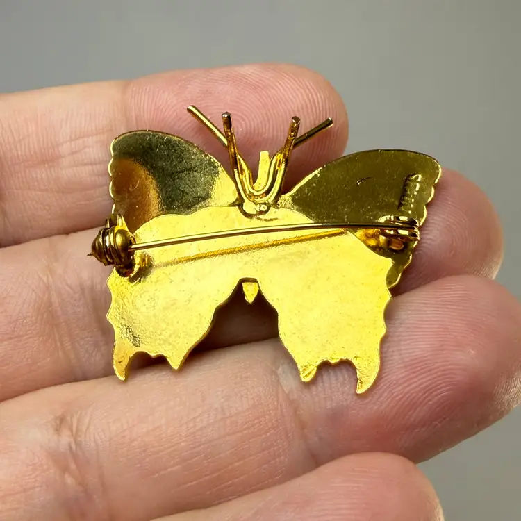 Vintage Gold Tone Orange Tail Damascene Butterfly Brooch Pin Marked Spain Enamel