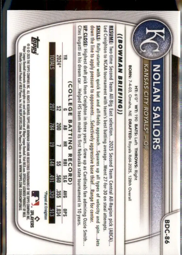 2025 Bowman Draft #BDC-86 Nolan Sailors Chrome - (138) - Kansas City Royals