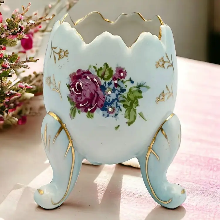 Vintage Painted Porcelain Pink Roses on Sky Blue Cracked Egg Shape 3 Footed Vase