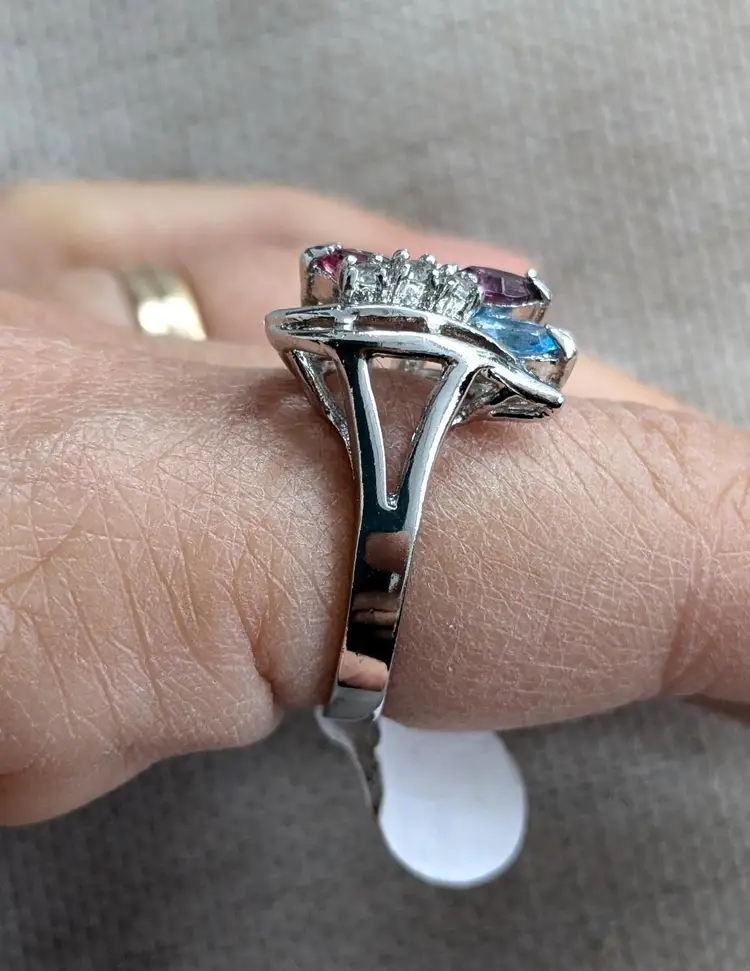 Vintage Silver Tone Cocktail Ring with Colored Stones, Size 8