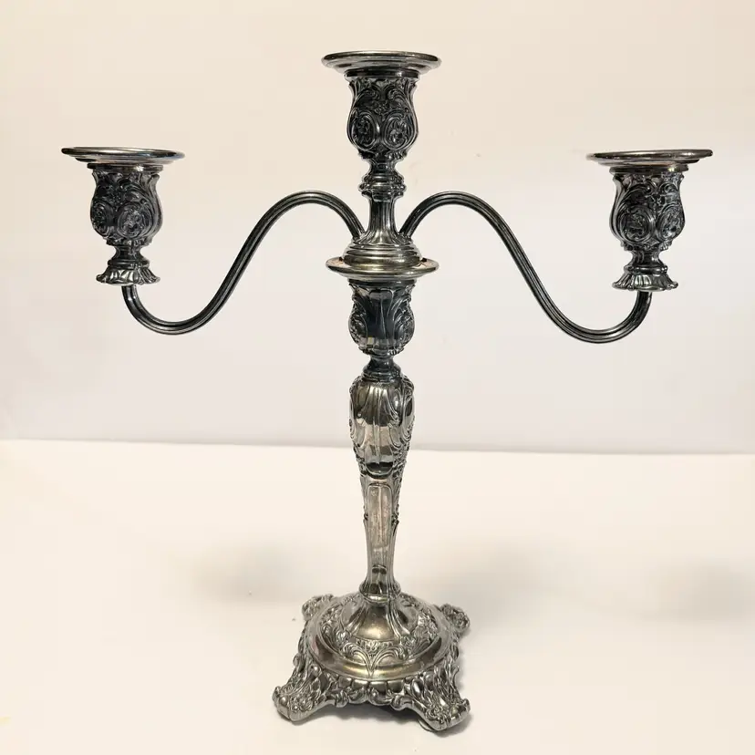 Vintage WM Rogers & Son Silverplate 3-Light Candelabra Victorian Rose Ornate