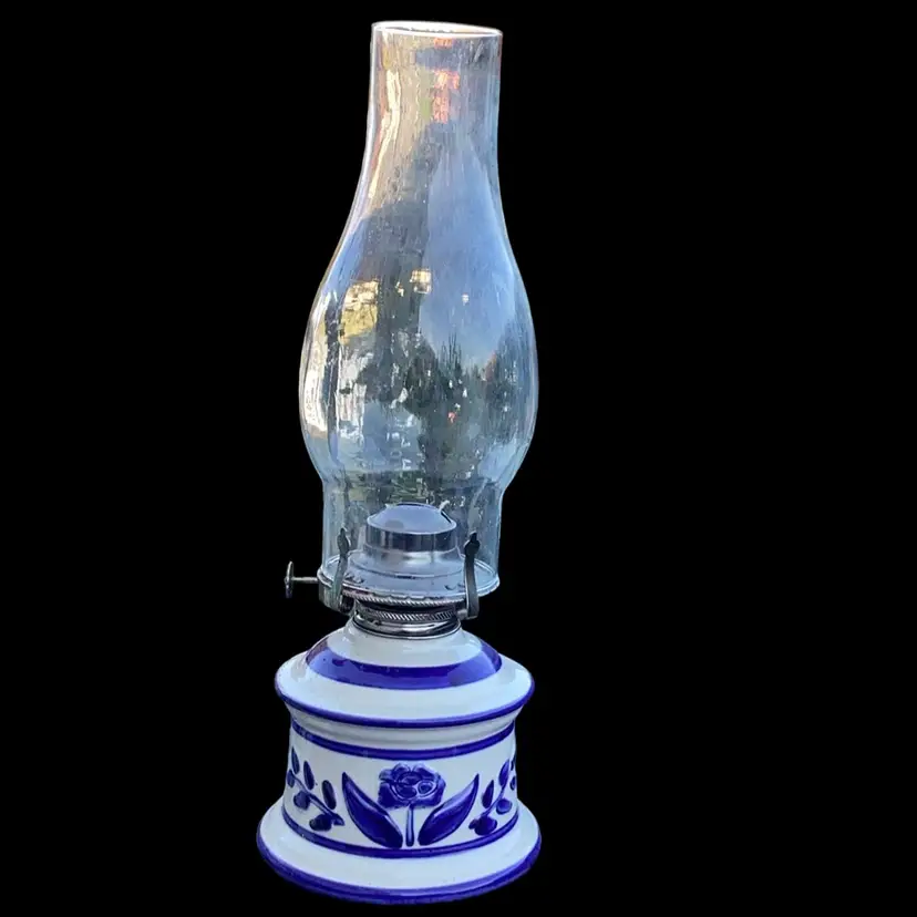 Vintage Ceramic Lamplight Farms Blue And White Oil Lamp, Hurricane Lamp, USA