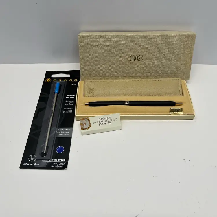 Cross Ladies Twist Pen Black & Gold w/ Pouch & Box 2542 + ballpoint refill BLue