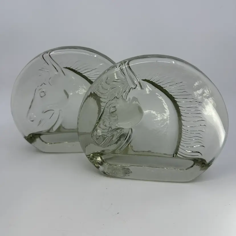 Mid Century 1960's Clear Art Glass Horse Bookends