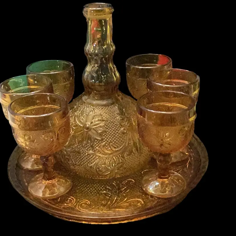 Vintage Set Of 6 Goblets With Amber Decanter And Amber Server Tray, Indiana Glass Bare Ware