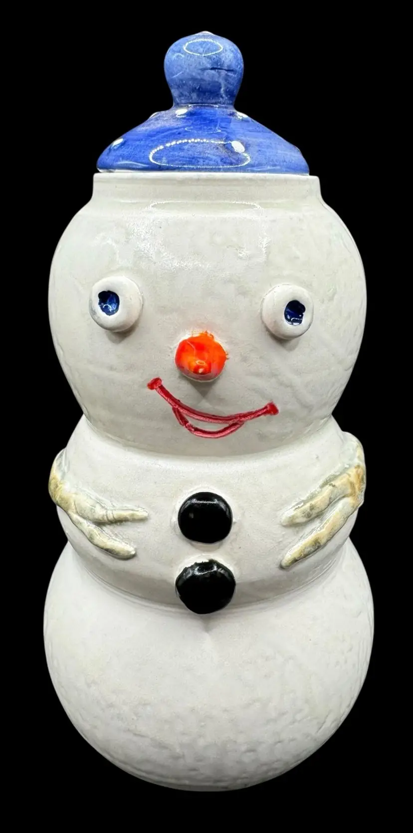 Signed Studio Art Pottery Snowman Lidded Cookie Jar Canister Blue White Hat 9”