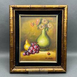 Vintage A. Hicks Signed Original Still Life Oil Painting Featuring Pear, Grapes and Flowers
