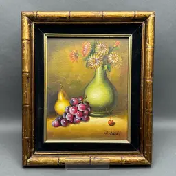 Vintage A. Hicks Signed Original Still Life Oil Painting Featuring Pear, Grapes and Flowers