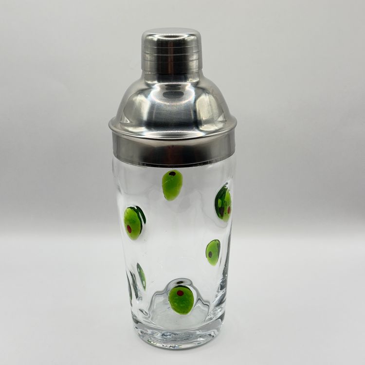Retro Hand Blown Glass Cocktail Shaker with Olive Design, Mid-Century Barware, Unbranded