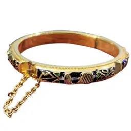Vintage Damascene Bracelet Safety Chain Gold Tone Black Red Enamel Accents Romantic