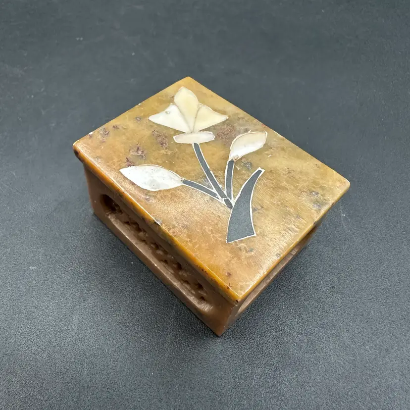 Miniature Stone Trinket Box, Mother Of Pearl Inlaid Floral Design Lid, Unmarked 2”L 1.5”W 1.25”T