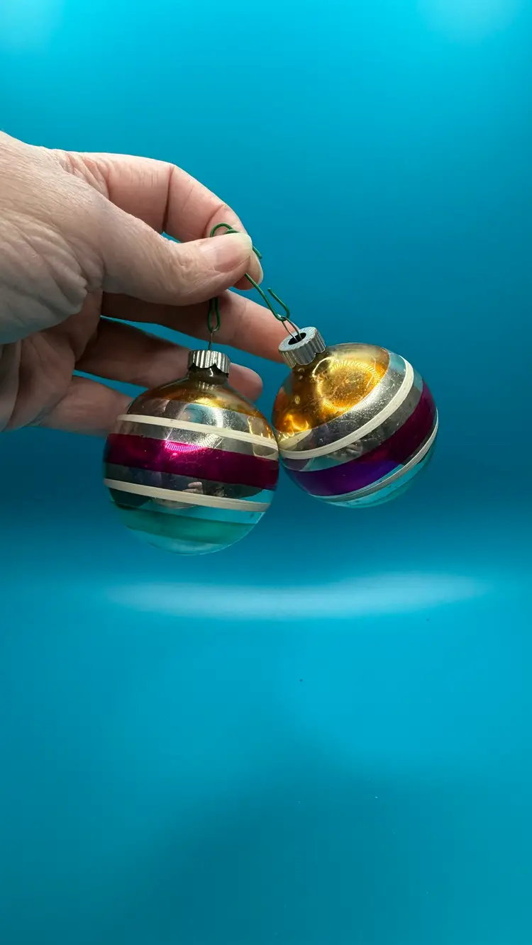 Lot of 2 VTG Shiny Brite Mercury Glass Striped Ornaments Gold Silver Pink Blue