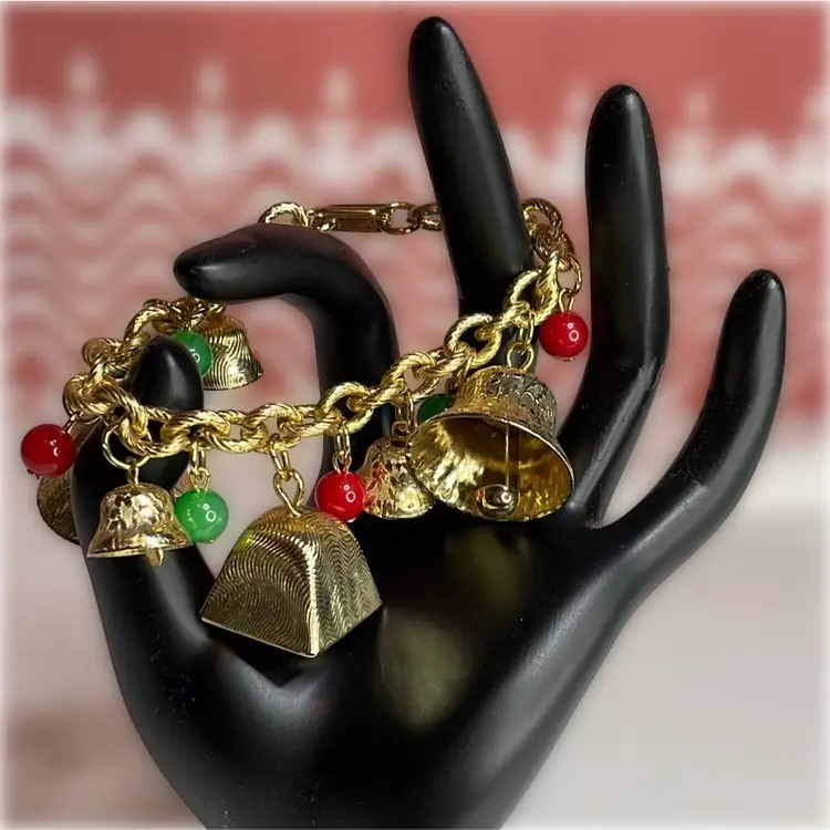 Vintage Christmas Bell And Red And Green Glass Balls Gold Tone Charm Bracelet