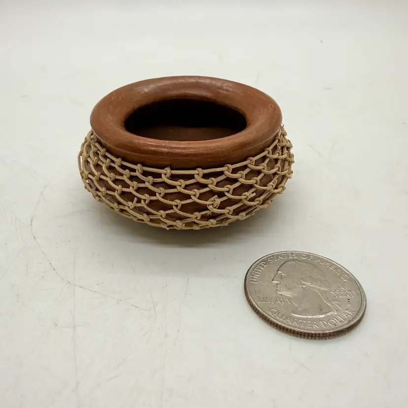 Vintage Miniature Terracotta Clay Bowl Pot Rattan Wrapped Netting Dollhouse