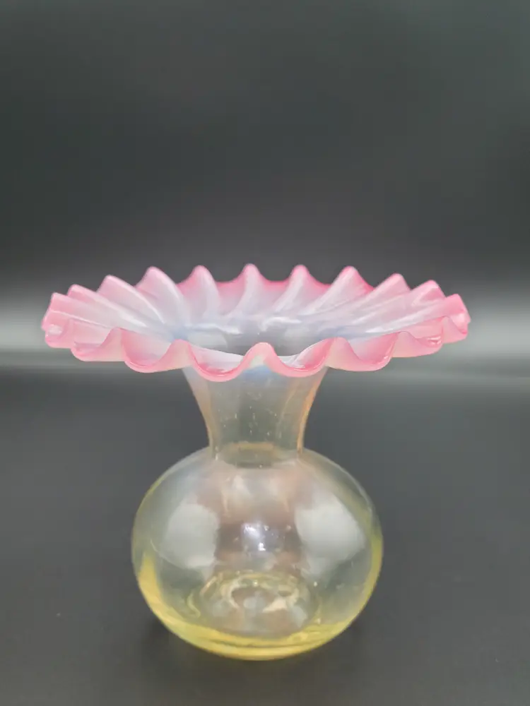 Blown Vaseline Glass Vase w/Crimped Cranberry Opalesce Ruffled Top