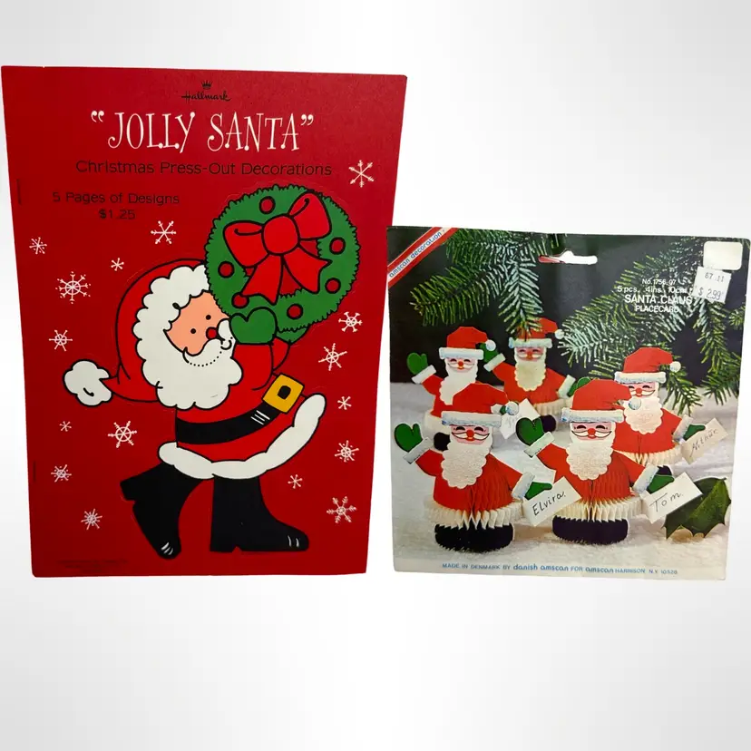 Vintage Paper Christmas Decorations- Jolly Santa Die Cuts And Honeycomb Santa Placecards