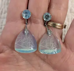 Vintage Reverse Carved Blue Tinged Crystal Sailing Ship Screw Back Earrings