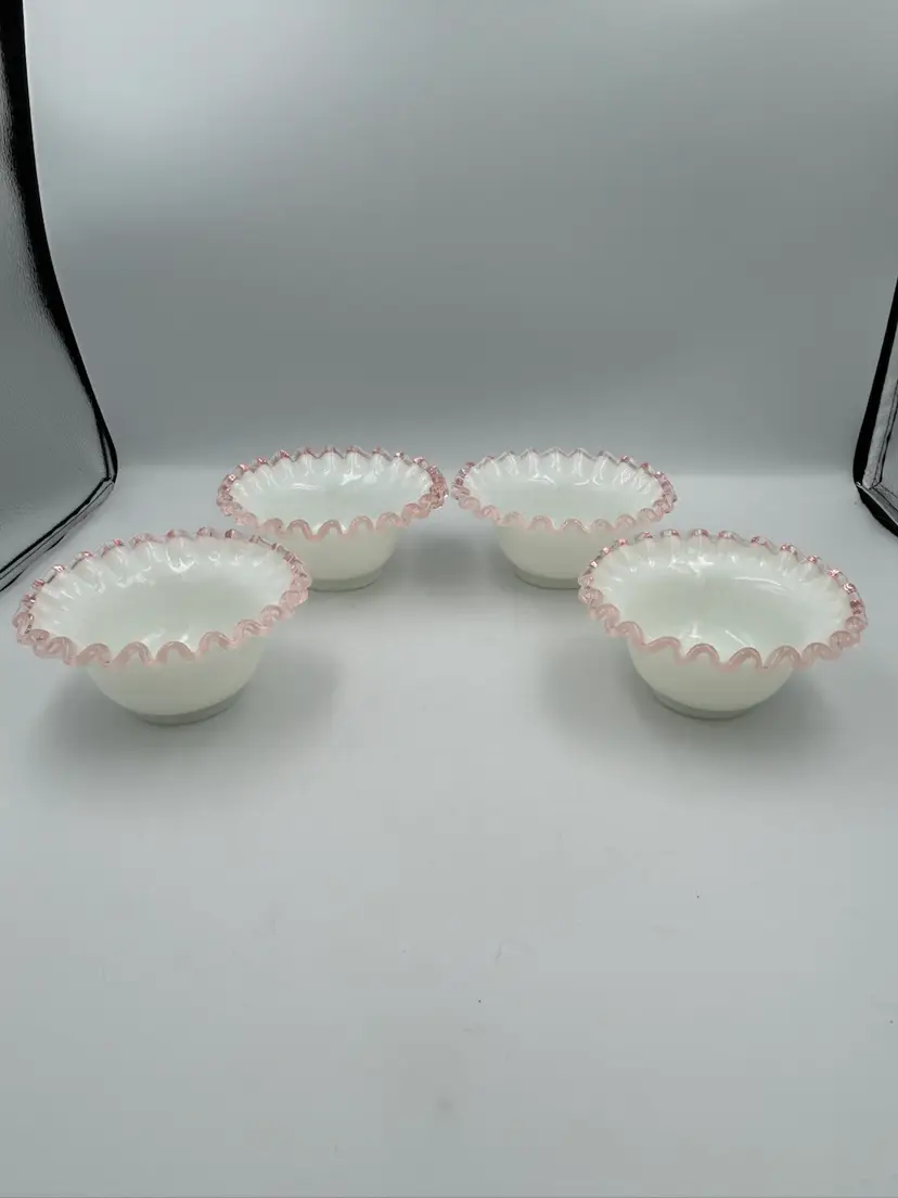 4 Vintage Fenton Rose Crest, Mayonnaise, Pink And White Glass Bowls GLOW