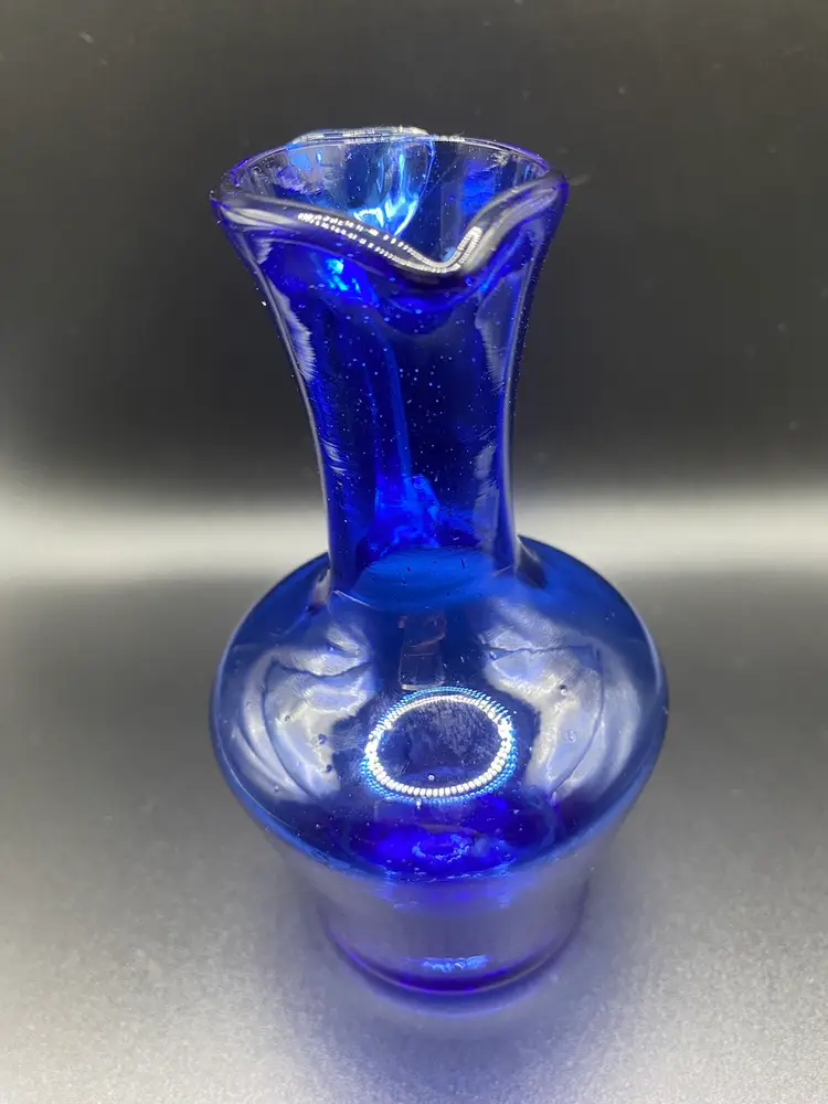 Hand Blown Cobalt Blue Glass Art Mini Pitcher With Applied Clear Glass Handle