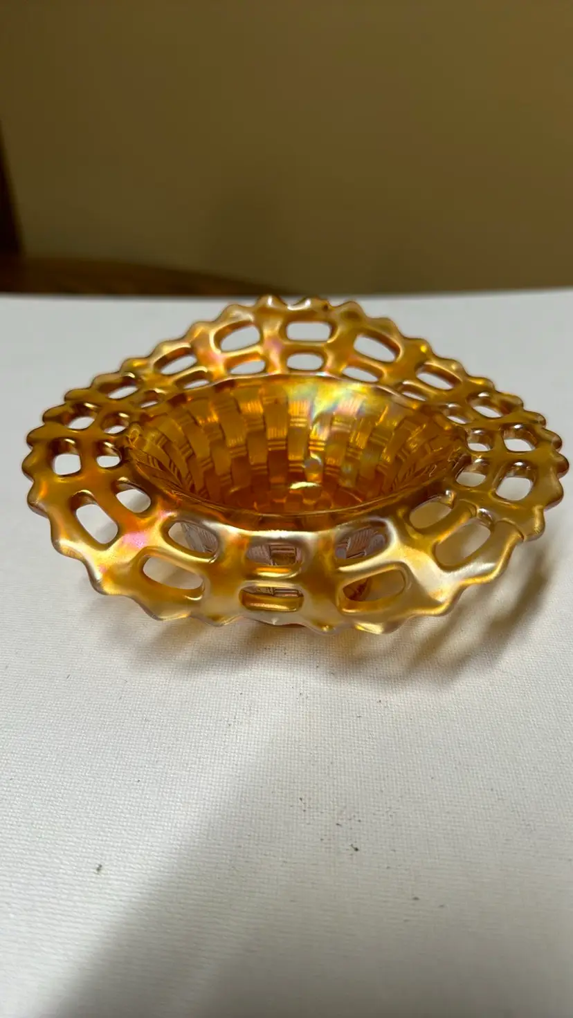 Fenton Marigold Carnival Glass Open Edge Basket Weave Bowl Iridescent Vintage