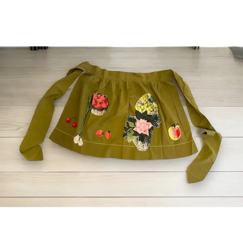 Vintage MCM 70’s Half Apron Green With Fruit Applique Pocket Tie Back Handmade