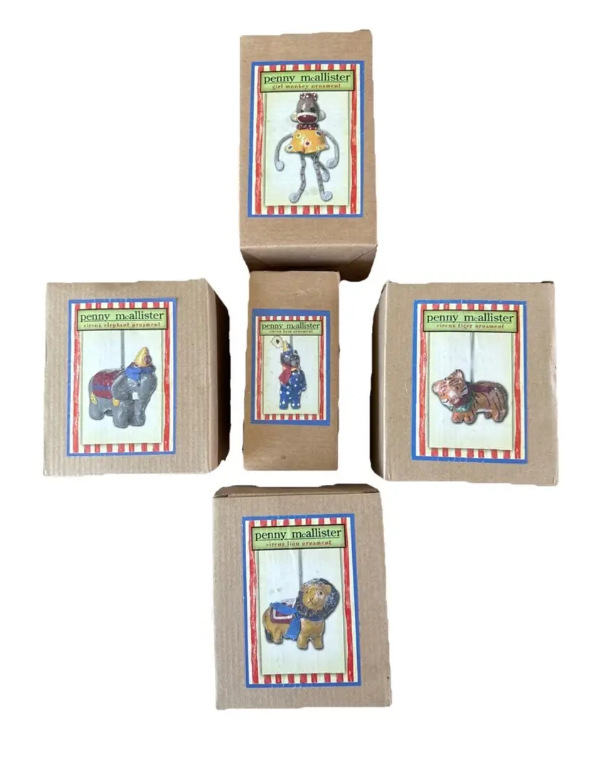 Vintage 90’s Penny McAllister Clay Ornaments Circus Lion Bear Elephant Tiger Girl Monkey Folk-Art 5pcs Set