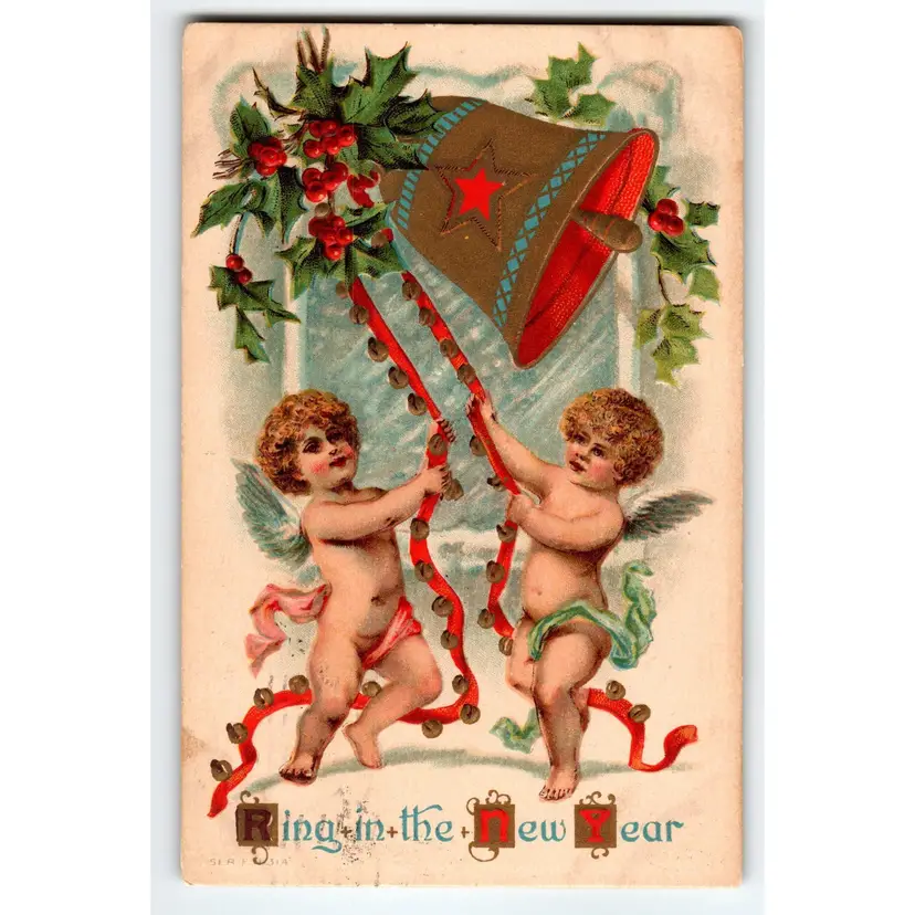 New Year Postcard Cherub Angels Ring Bell Vintage 1910 Embossed Holly Leaves